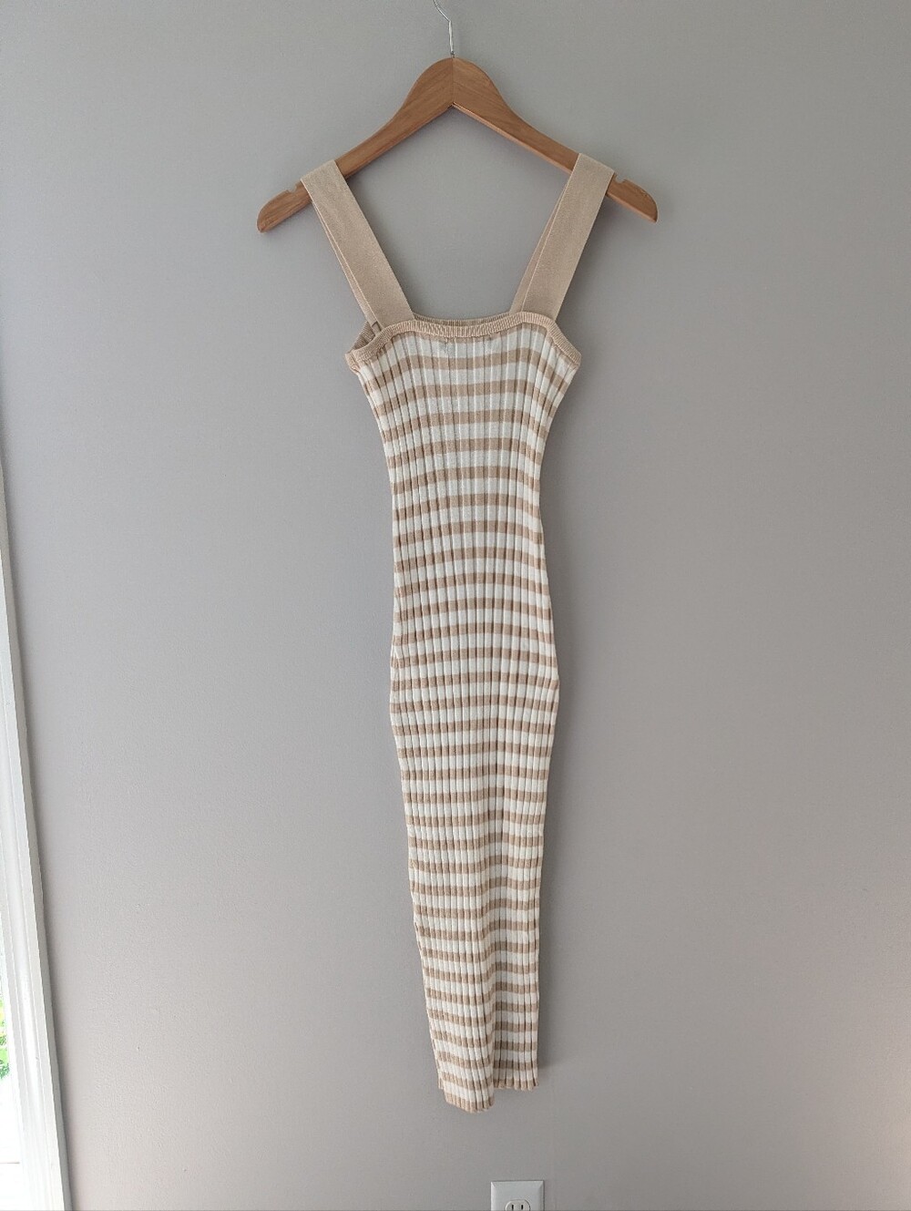 NWT Merokeety Beige Cream Striped Ribbed Knit Midi Dress S Square Neck - Picture 6 of 8